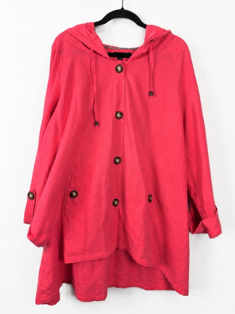 For Cynthia Woman Coral Pink Linen Cotton Hooded Jacket Lagenlook Art to Wear 3X